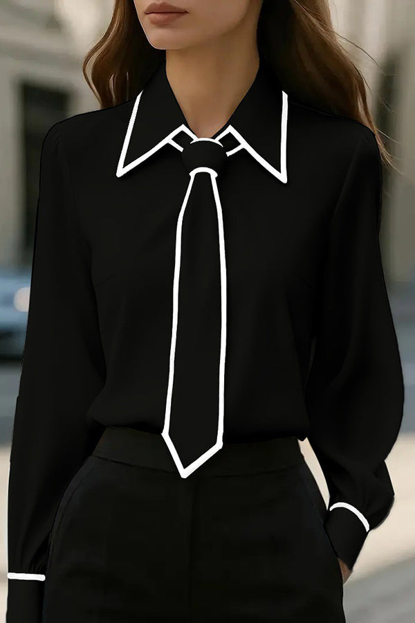 Fashion Contrast Tie Long-sleeved Casual Shirt