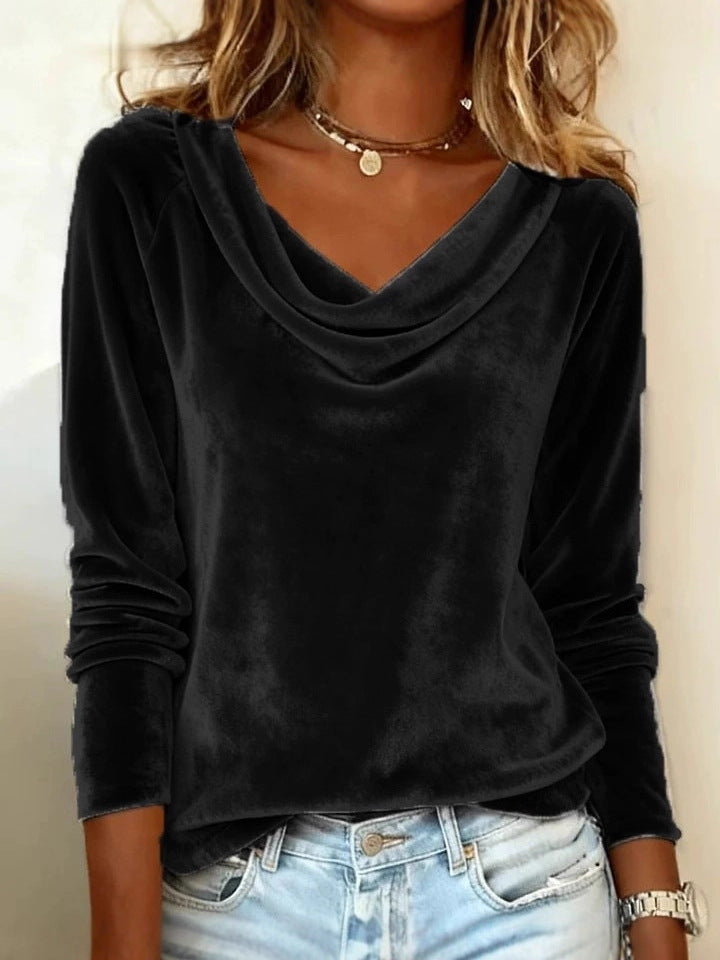 Solid Color Duffle Neck Long Sleeve Sexy Velvet T-Shirt