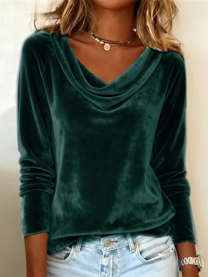 Solid Color Duffle Neck Long Sleeve Sexy Velvet T-Shirt