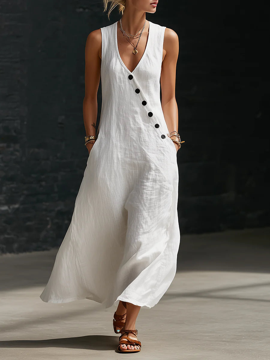 loose sleeveless V-neck diagonal button white dress