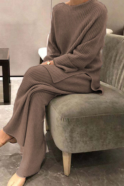 Long-sleeved solid color knitted casual sweater two-piece