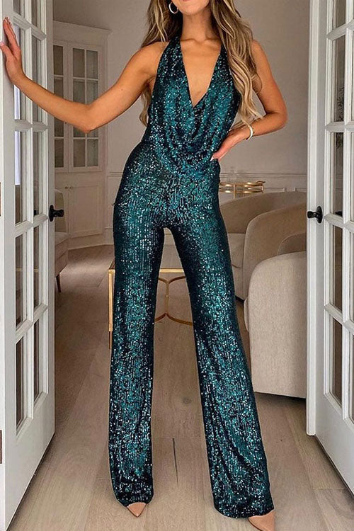 Halter neck sequin party jumpsuit
