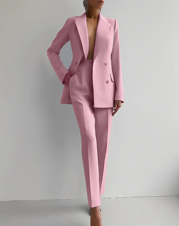 Casual Commuting Solid Color Blazer & High Waist Pants Set