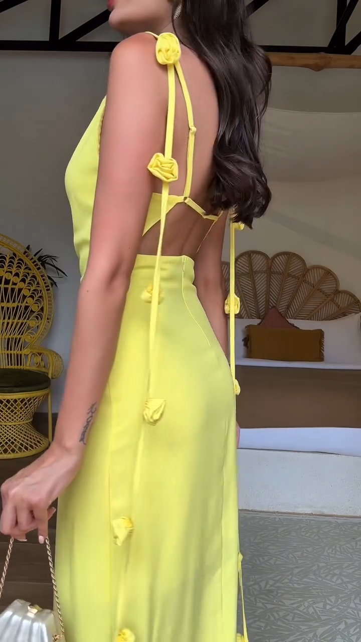 Backless Shoulder Flower Strap Halter Maxi Dress