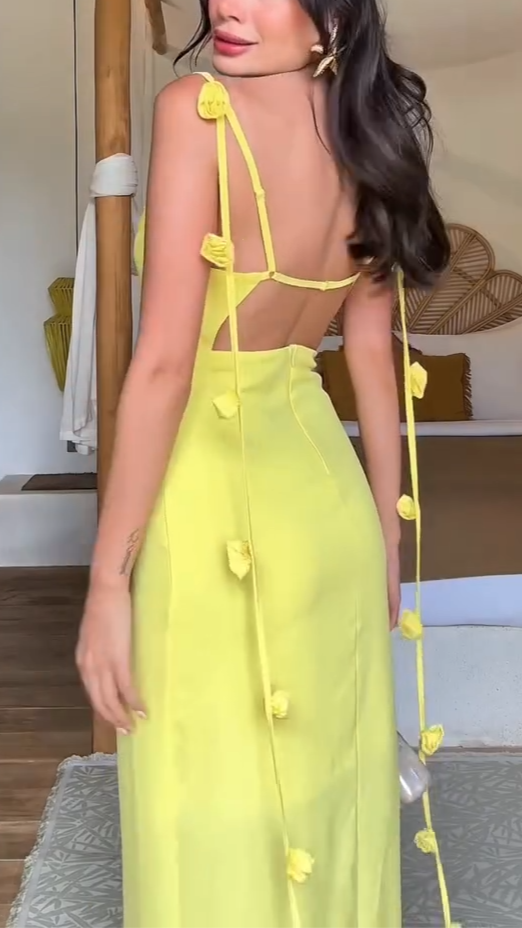 Backless Shoulder Flower Strap Halter Maxi Dress