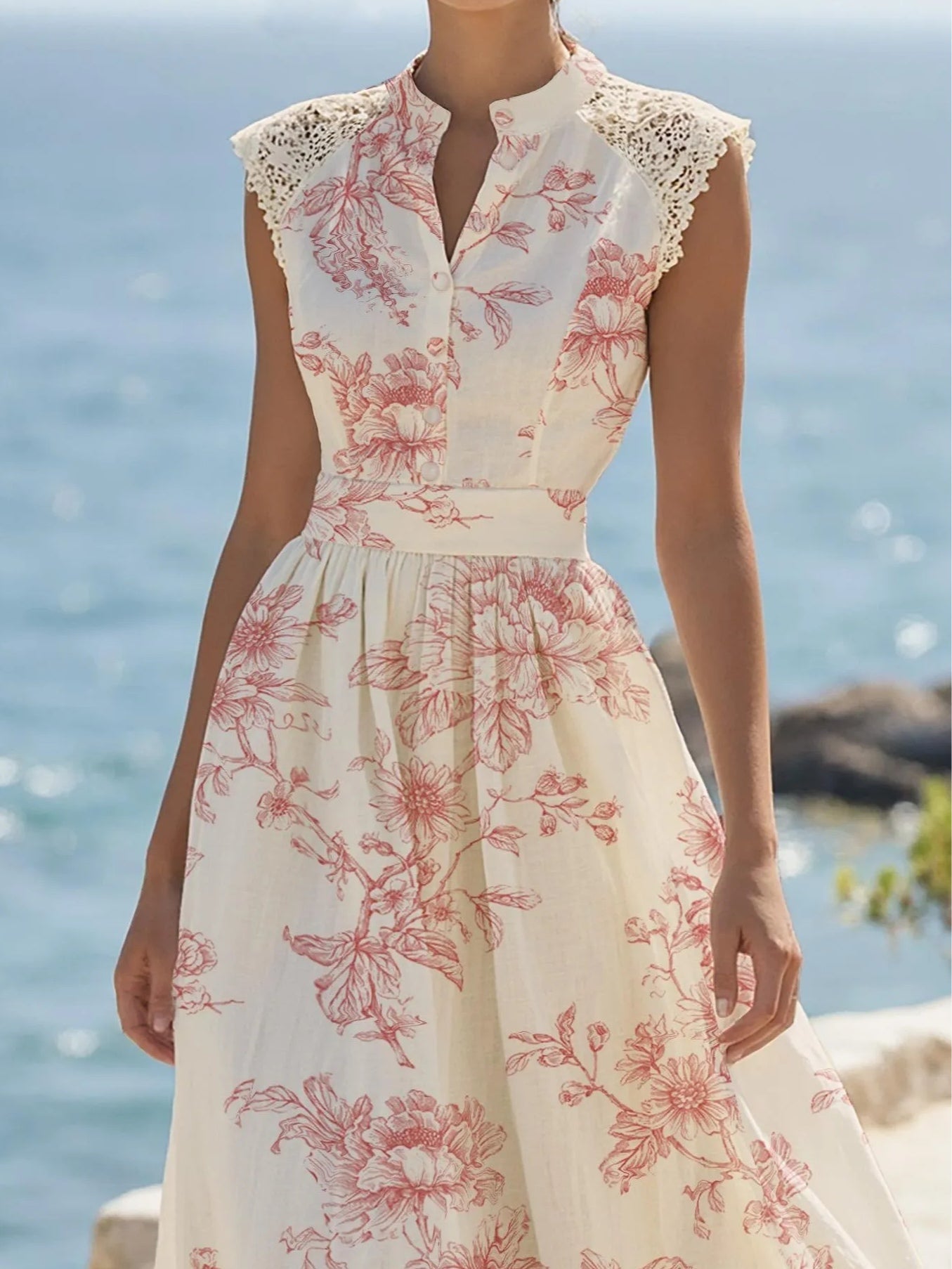 Resort-style lace patchwork floral dress