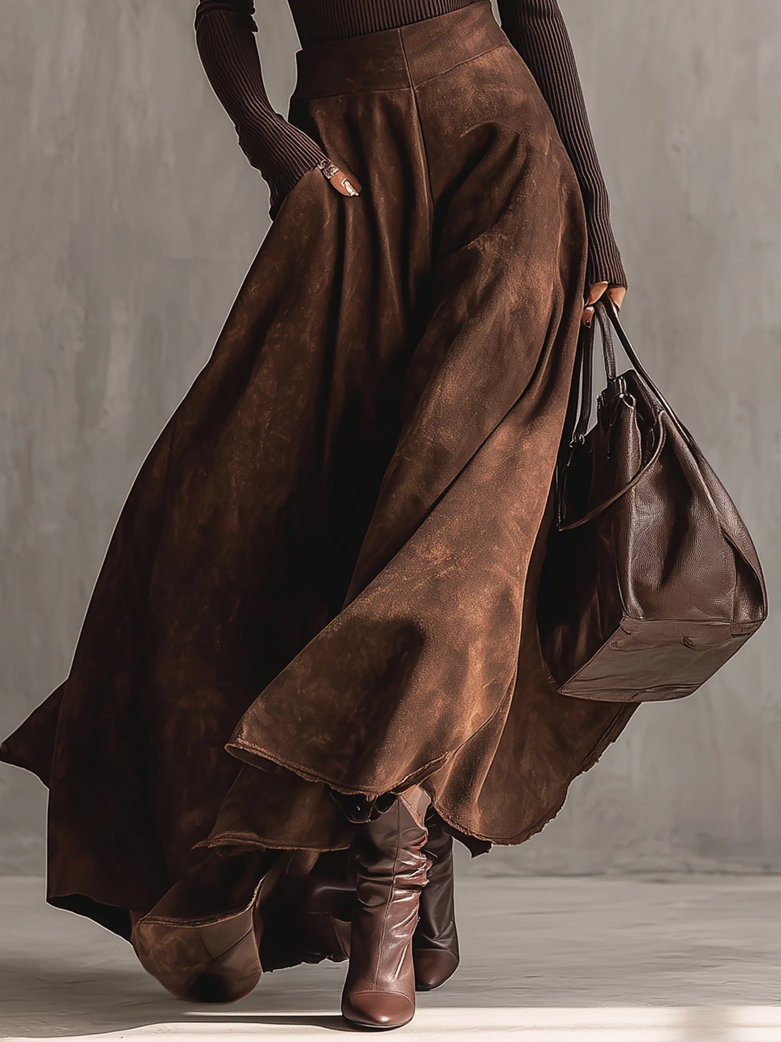 Coffee Distressed Suede Midi Skirt Set