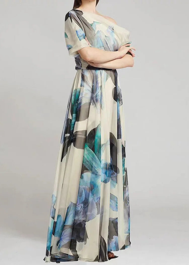 Asymmetrical Print Chiffon Long Dresses