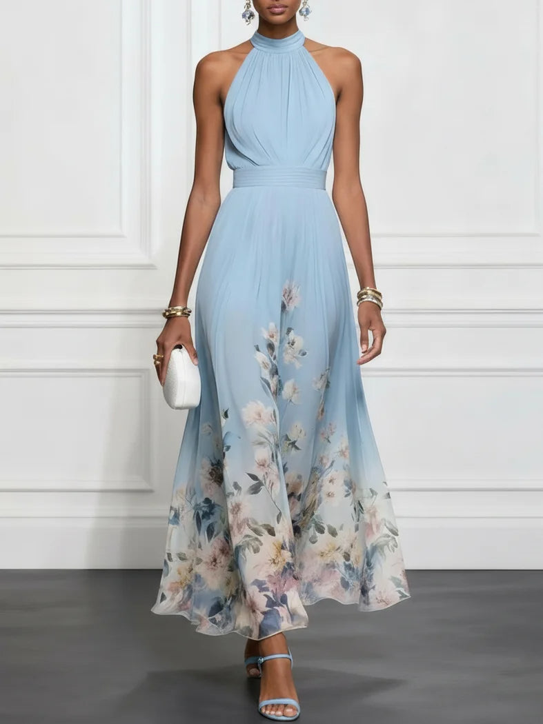 Light Blue Floral Chiffon Halter Sleeveless Maxi Dress