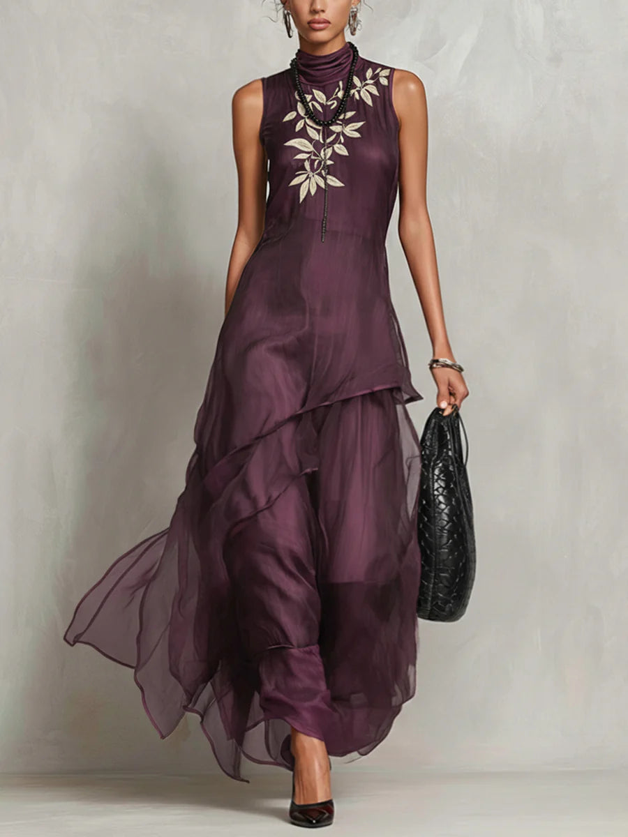 Purple sleeveless chiffon embroidered maxi dress
