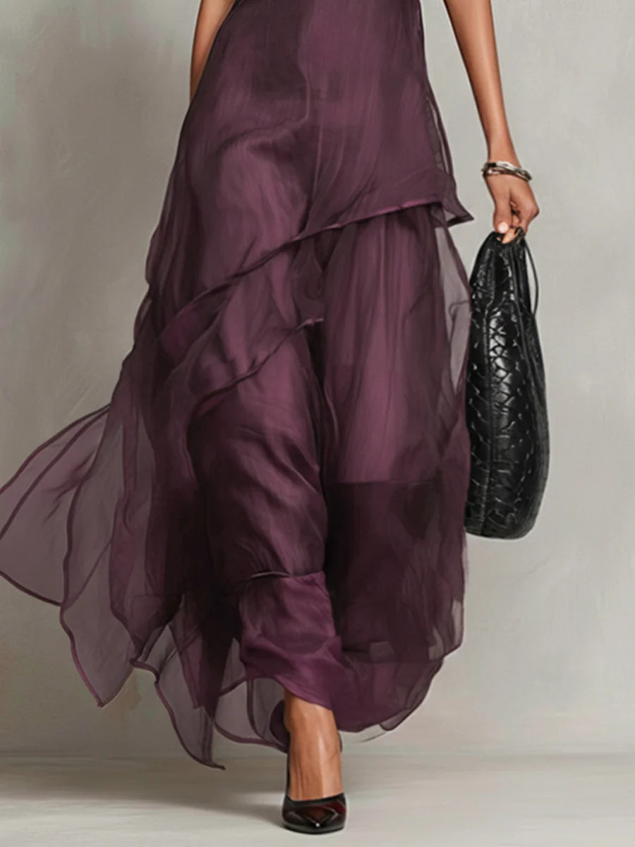 Purple sleeveless chiffon embroidered maxi dress