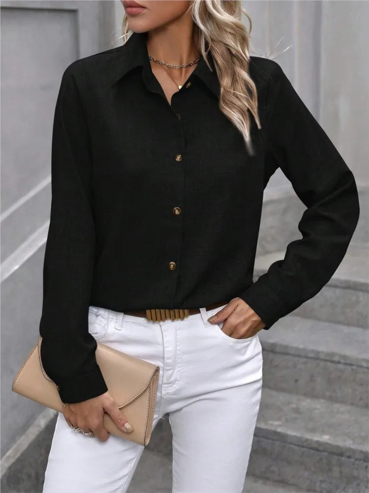 Casual Single-breasted Solid Color Color-blocked Long-sleeved Collared Shirt