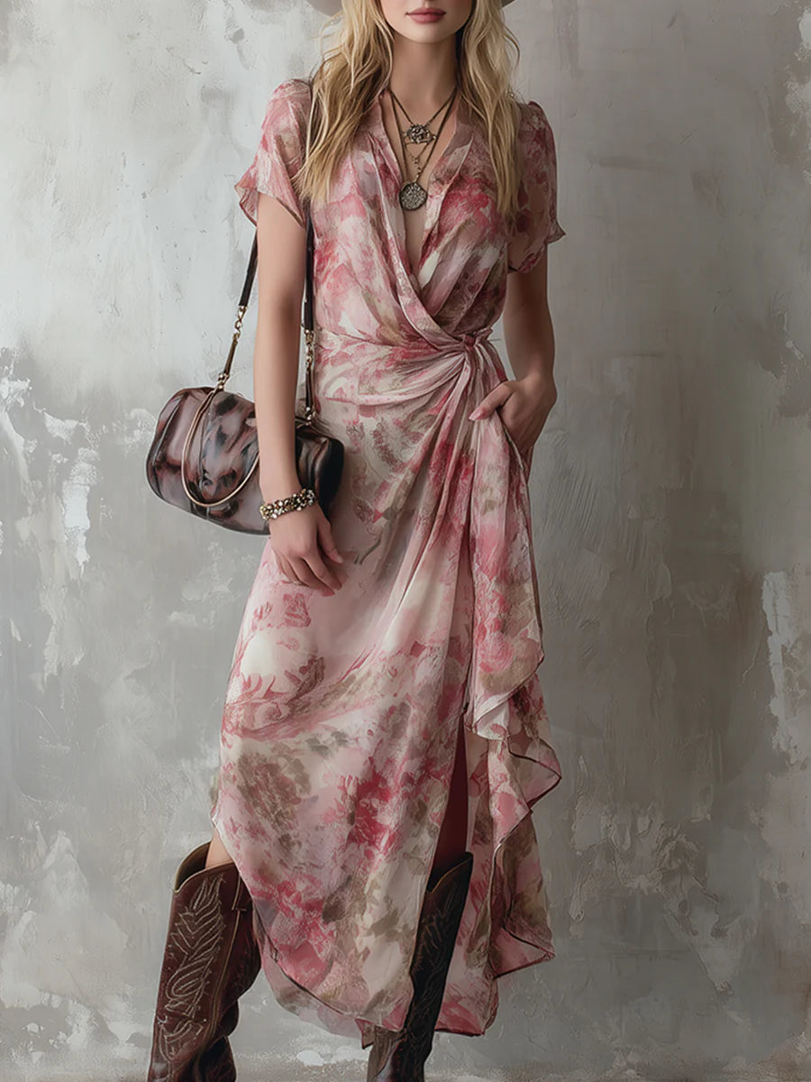 Romantic pink floral chiffon wrap dress with short sleeves