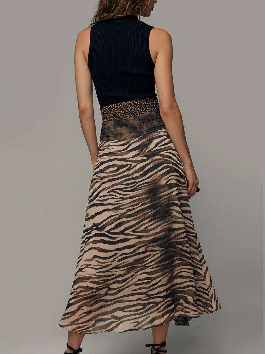 Vintage Zebra Print Patchwork Sleeveless Midi Dress