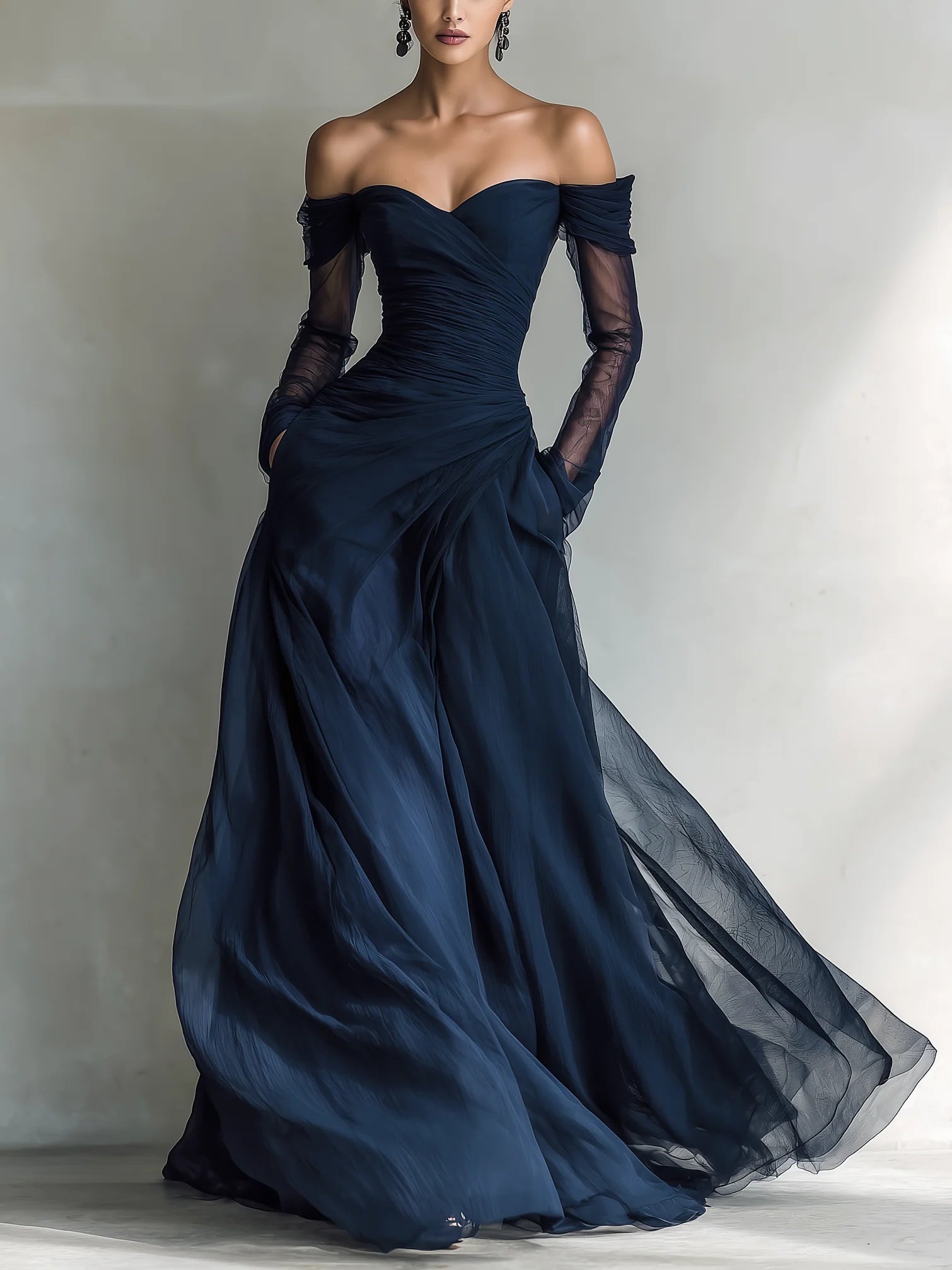Elegant Navy Organza Off-Shoulder Fitted Maxi Dress