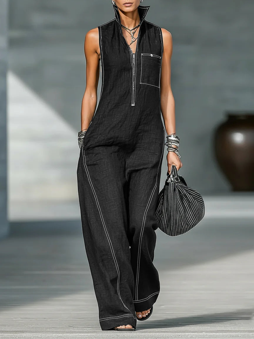 Minimalist Loose-fitting White Trim Sleeveless Jumpsuit