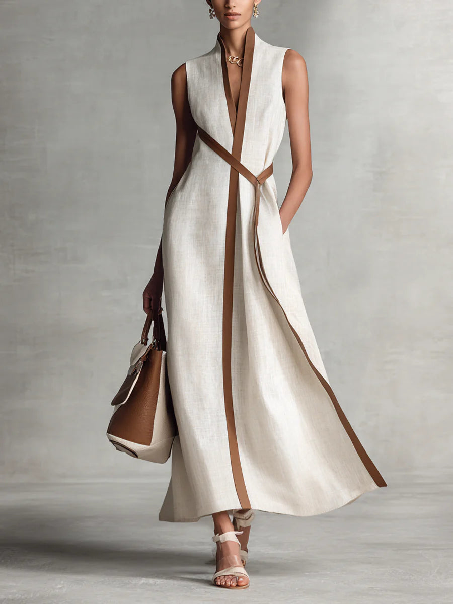 Sleeveless V-neck belted color-blocked long dress