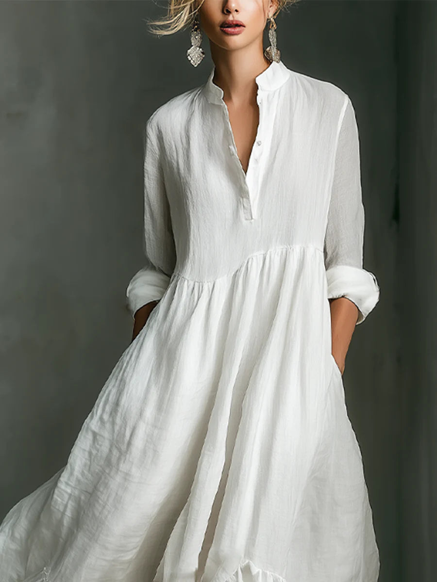 White Long-sleeved Ruffled Maxi Dress