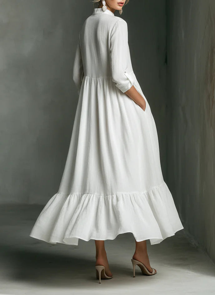 White Long-sleeved Ruffled Maxi Dress