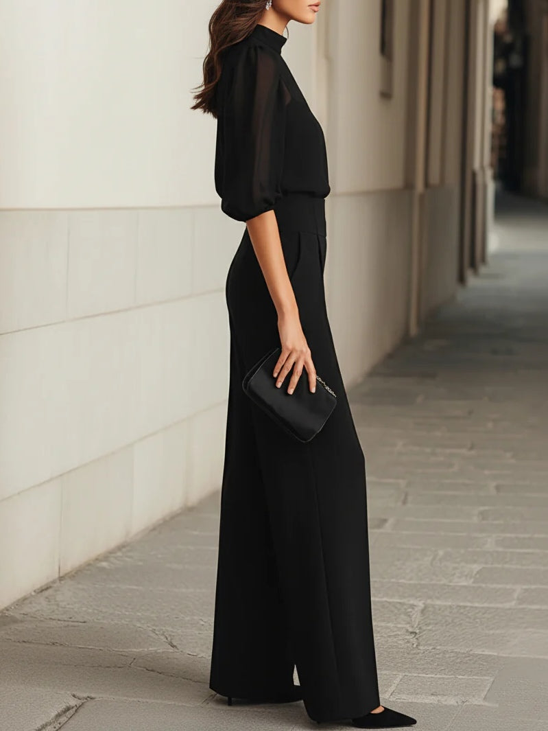 Black Sheer Camisole Top And Wide-leg Pants Three-piece Set