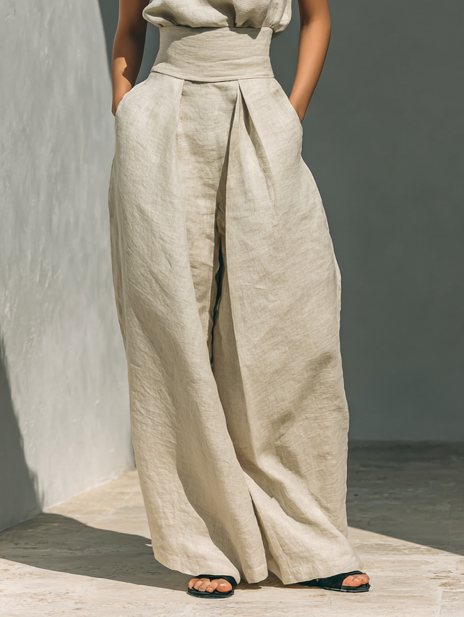 Beige Faux Cotton-linen Blend Sleeveless Top And Wide-leg Pants Set