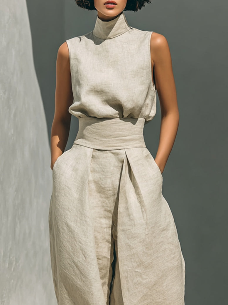 Beige Faux Cotton-linen Blend Sleeveless Top And Wide-leg Pants Set