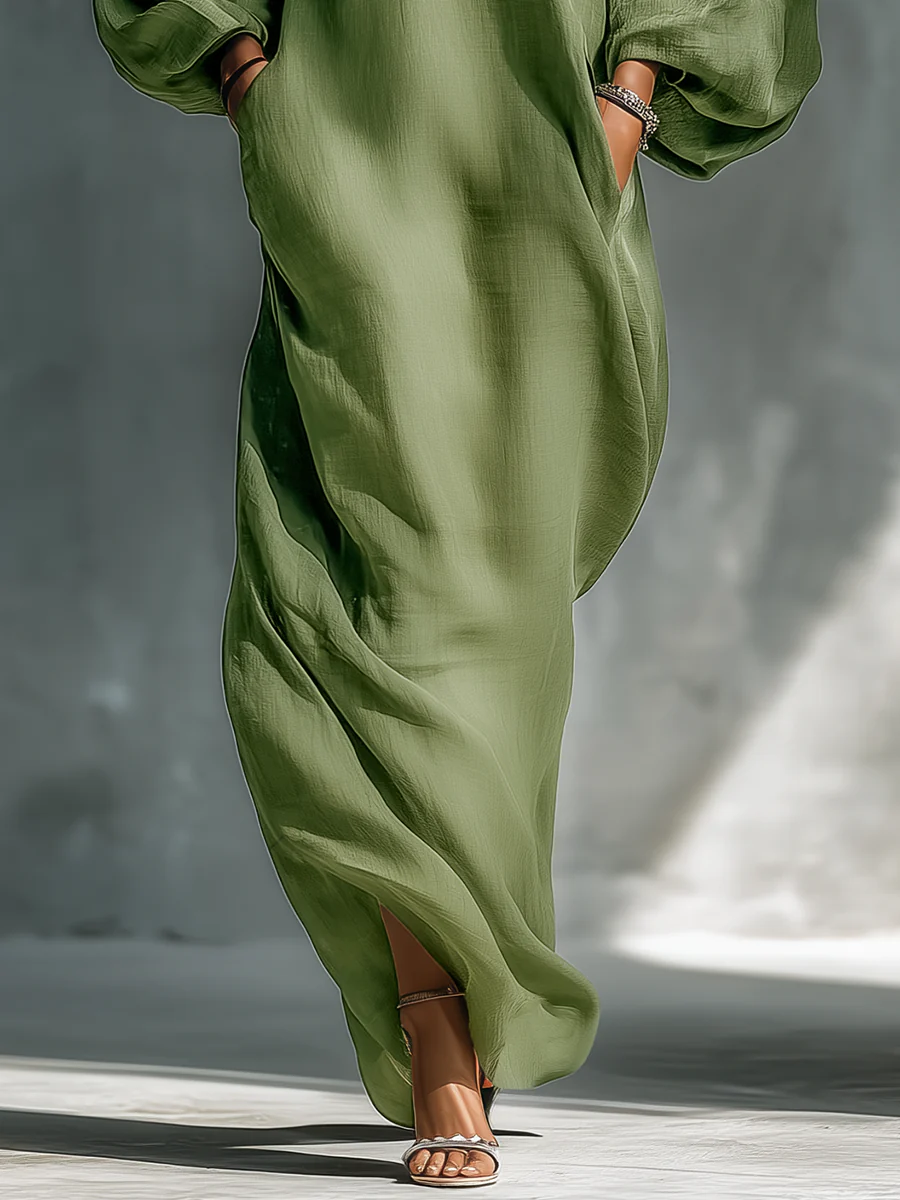 Green Off-shoulder Oversized Puff Sleeve Maxi Dress