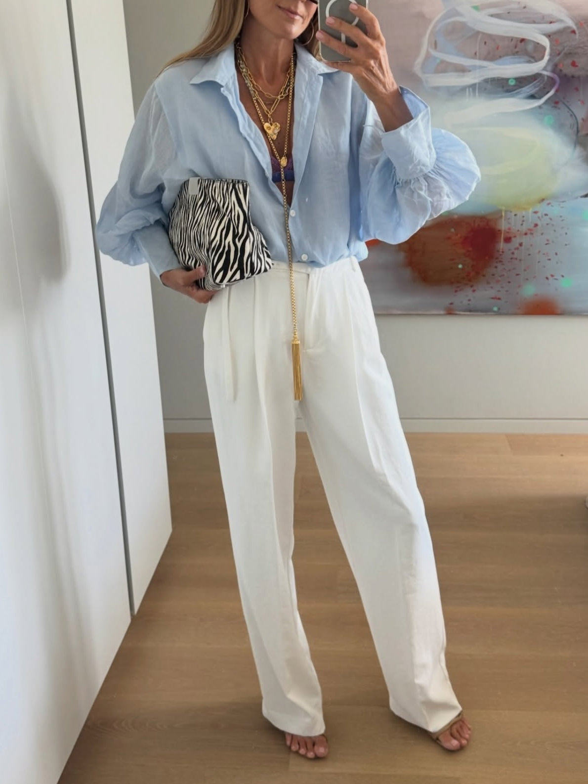 Light Blue Shirt And White Wide-leg Pants Two-piece Set
