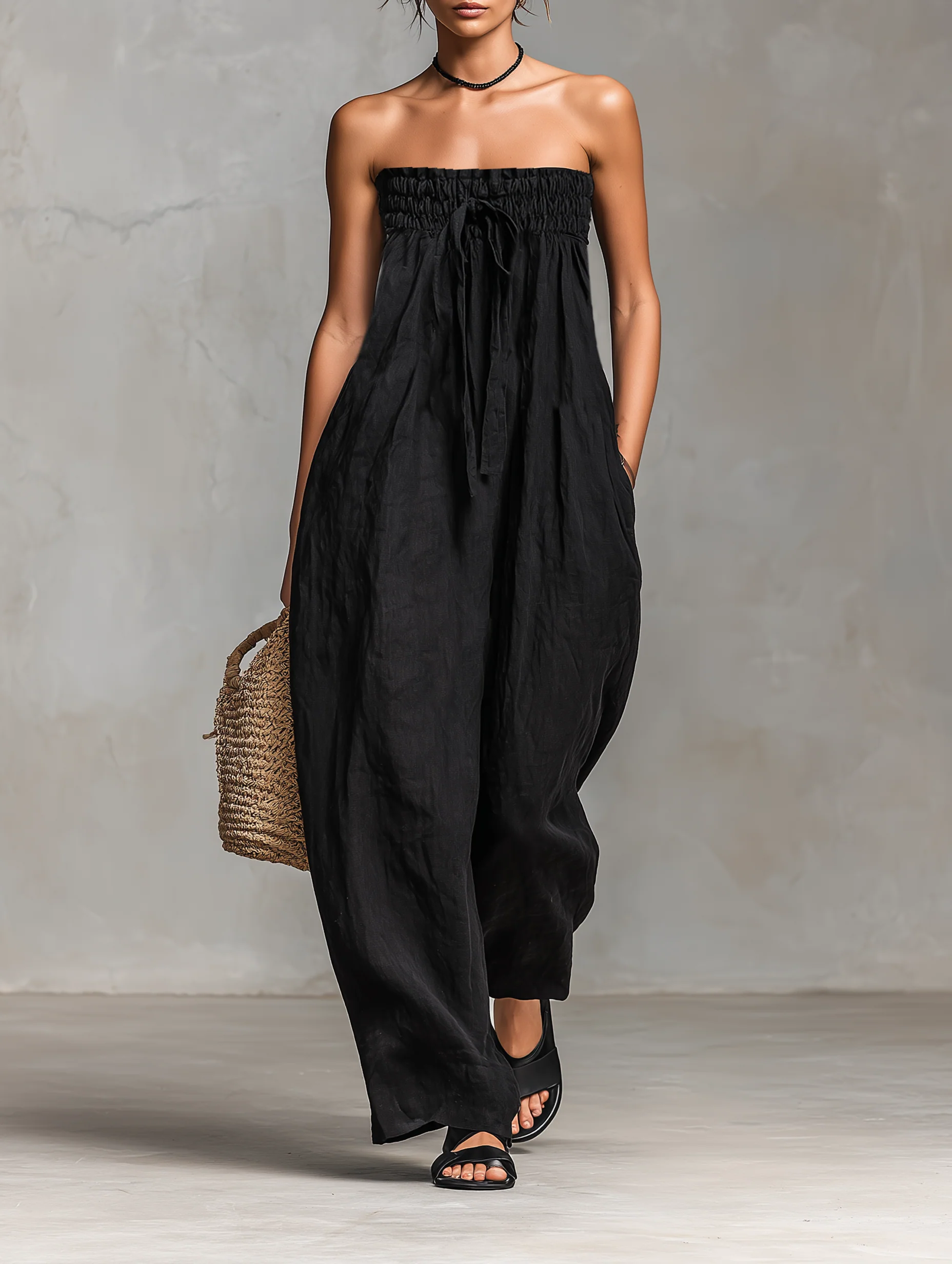 Black Minimalist Loose-fitting Faux Linen-blend Strapless Jumpsuit