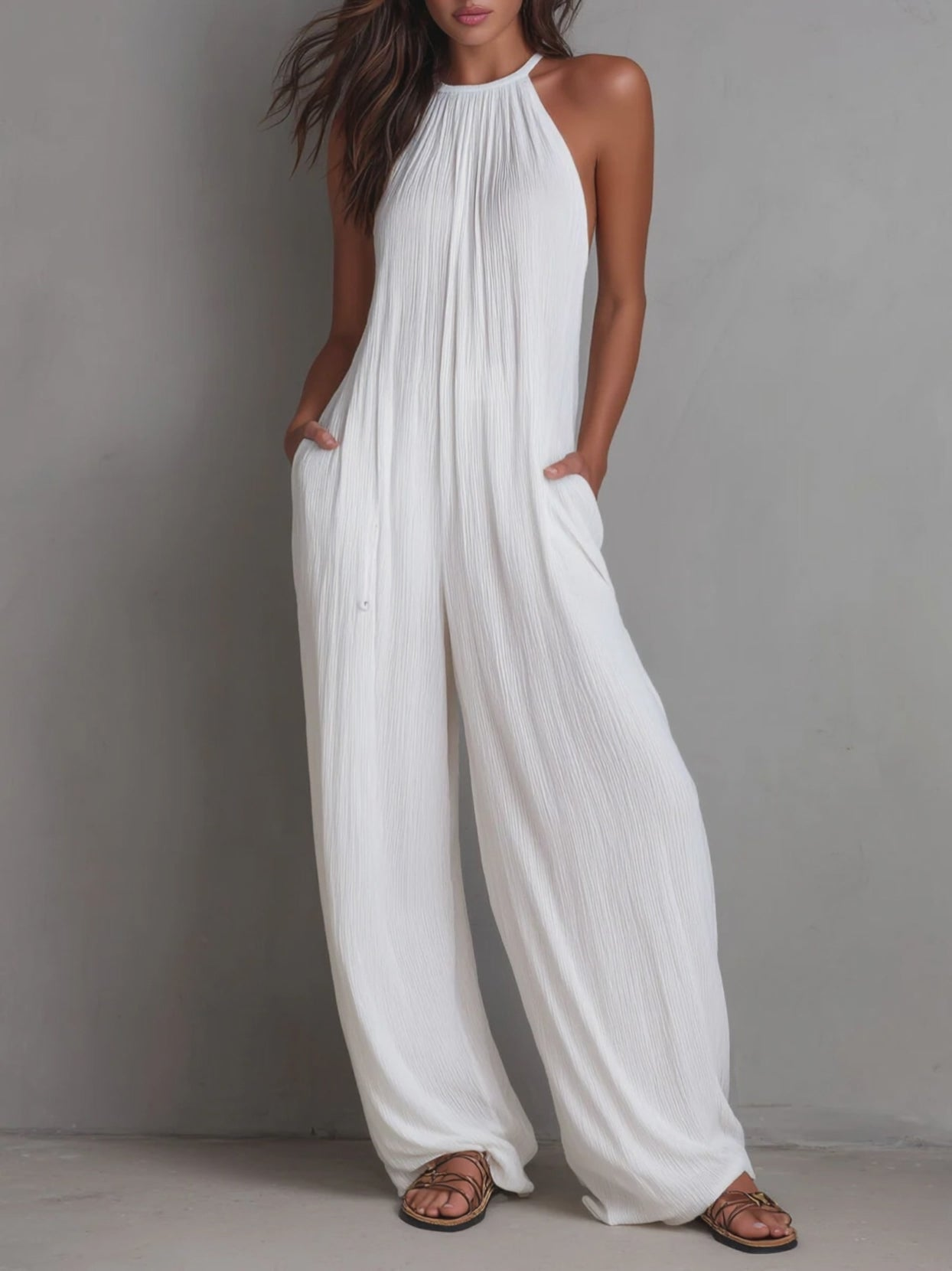 White Pleated Halter Wide-Leg One-Piece Jumpsuit