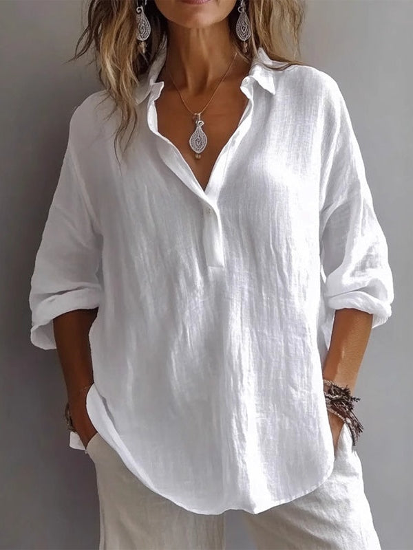 Casual Loose Long Sleeve Linen V-Neck Shirt