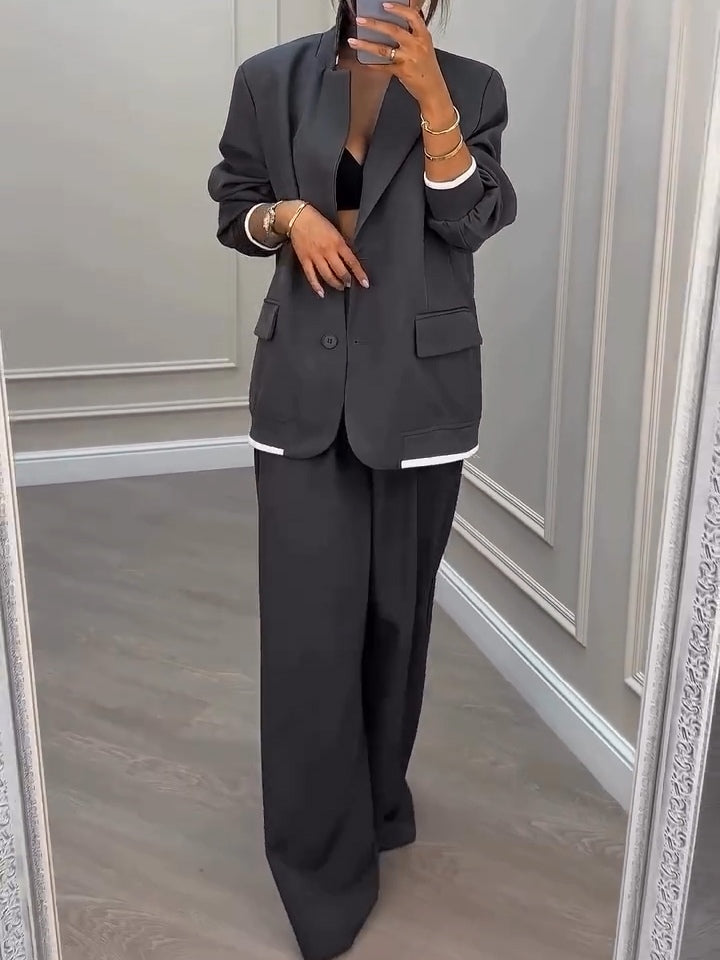 Gray Patchwork Dingle-breasted Blazer+Pants Two-piece Set