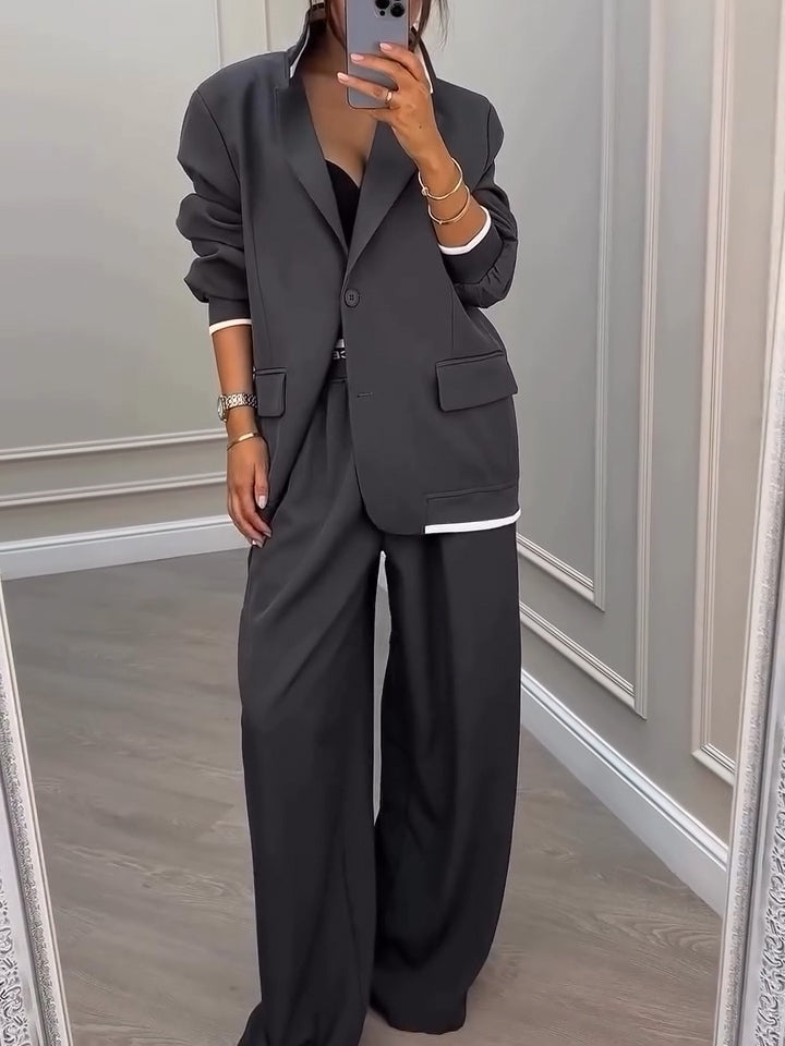 Gray Patchwork Dingle-breasted Blazer+Pants Two-piece Set