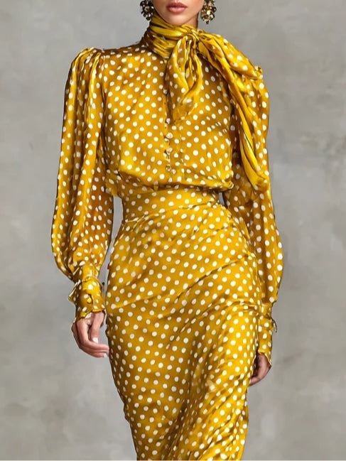 Vintage Satin Polka Dot Print Shirt And Skirt Two-Piece Set