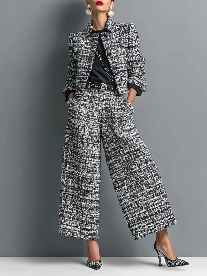 Tweed Print Blend Single-Breasted Cropped Jacket And Wide-Leg Pants Set