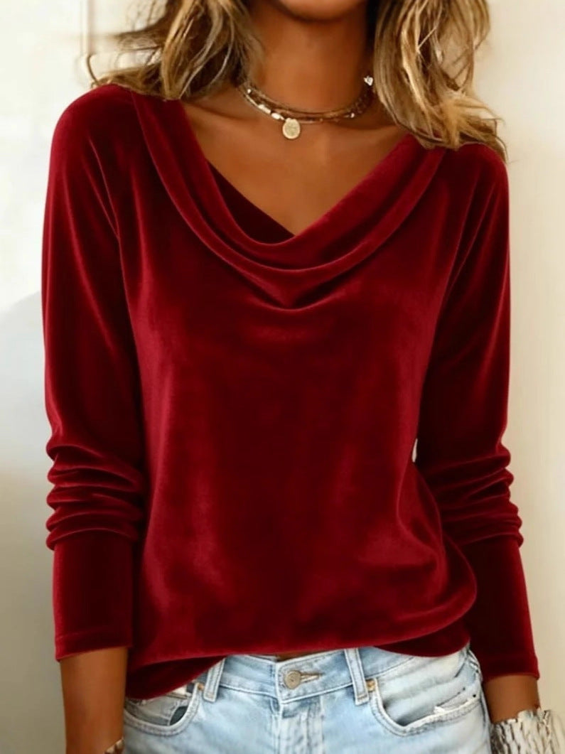 Solid Color Duffle Neck Long Sleeve Sexy Velvet T-Shirt