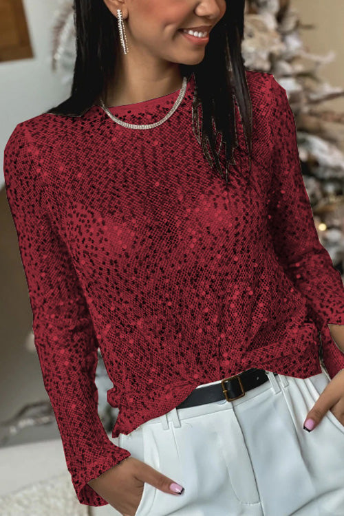 Sequined Mesh Long-Sleeved Slim-Fit Round Neck Top
