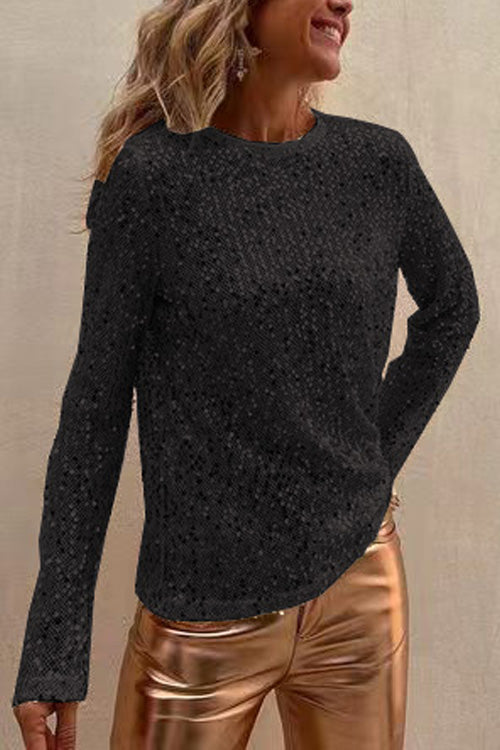 Sequined Mesh Long-Sleeved Slim-Fit Round Neck Top