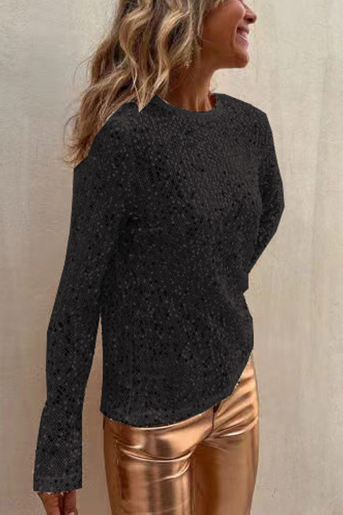 Sequined Mesh Long-Sleeved Slim-Fit Round Neck Top
