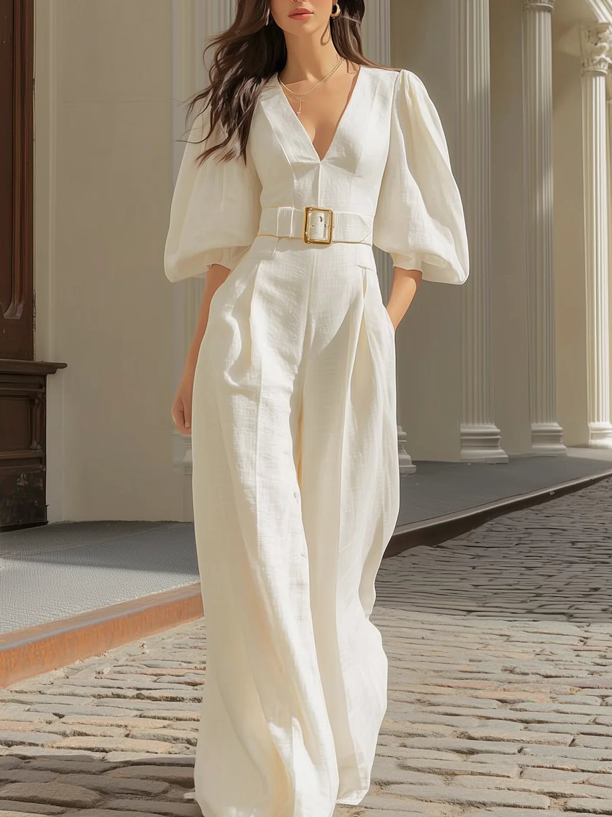 White V-neck lantern sleeve wide-leg jumpsuit（Includes belt）