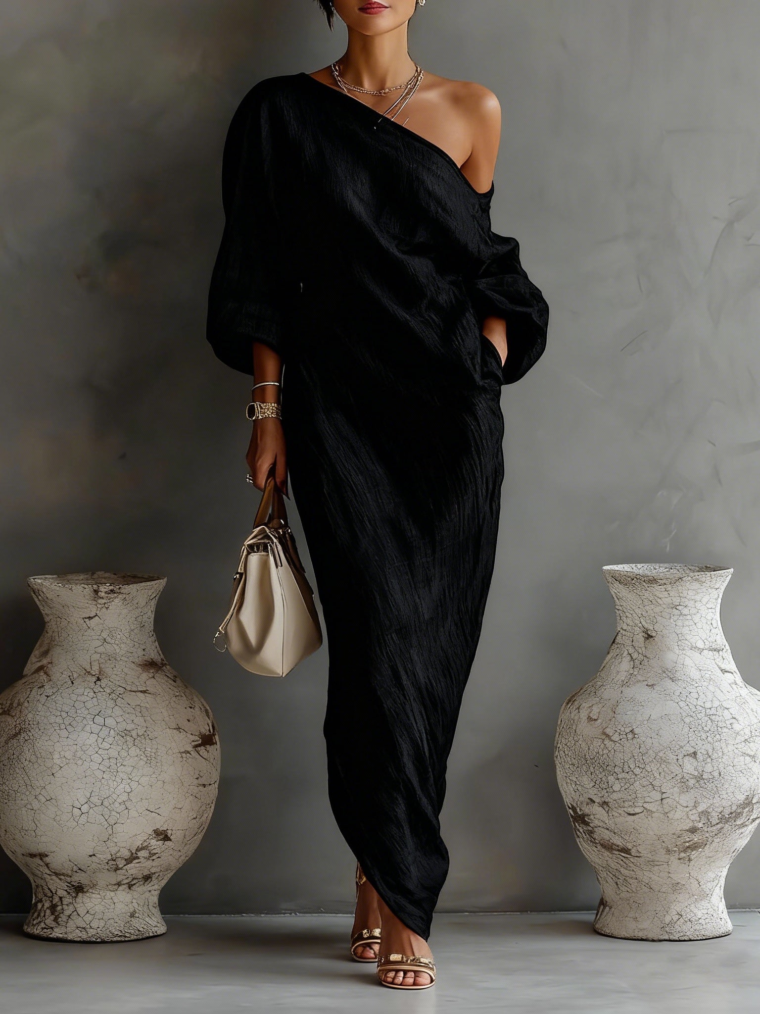 Black One-shoulder Flowing Elegant Maxi Dress（No pockets）
