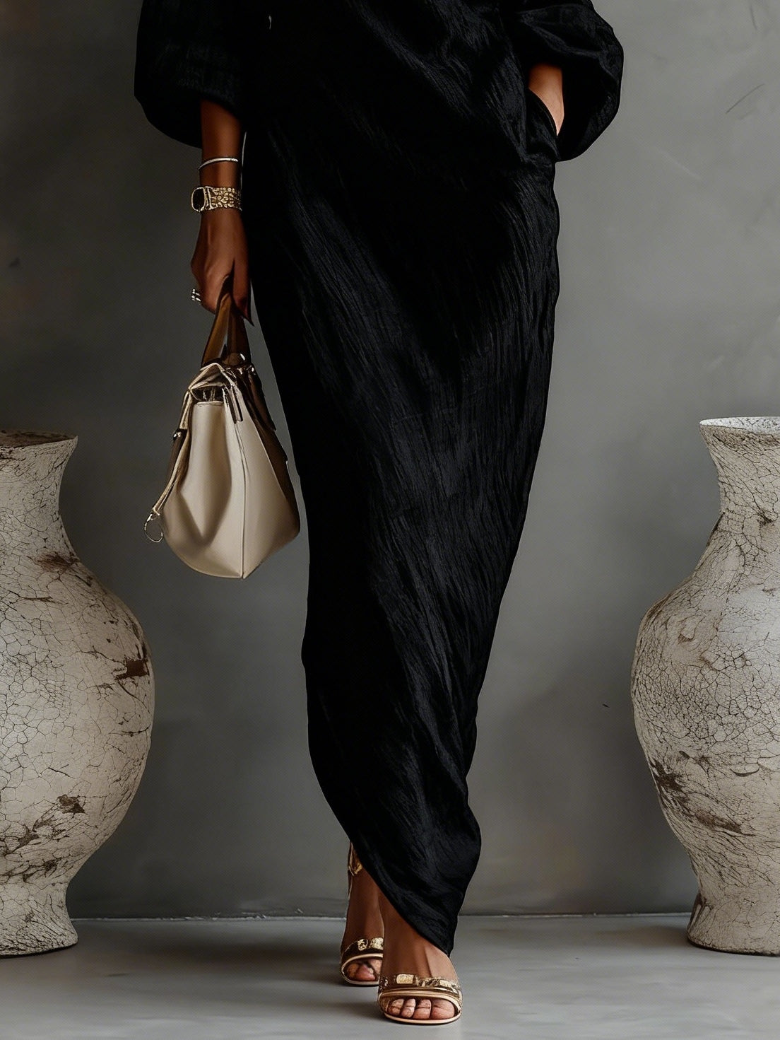 Black One-shoulder Flowing Elegant Maxi Dress（No pockets）