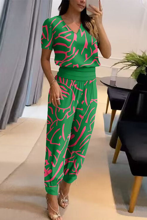 Casual V-Neck Printed Short Sleeve Long Pants Two-Piece Set
