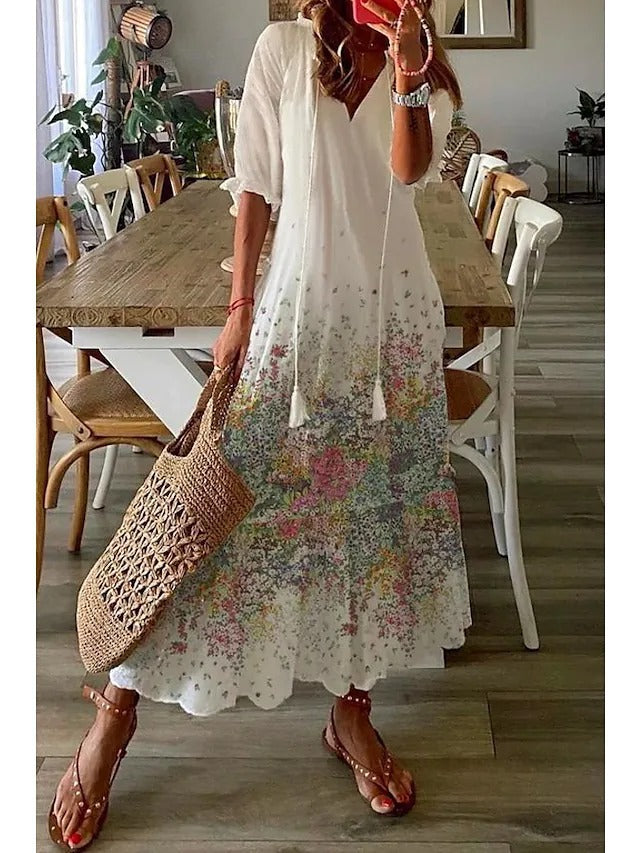 Casual Loose V-neck Printed  Long Dress