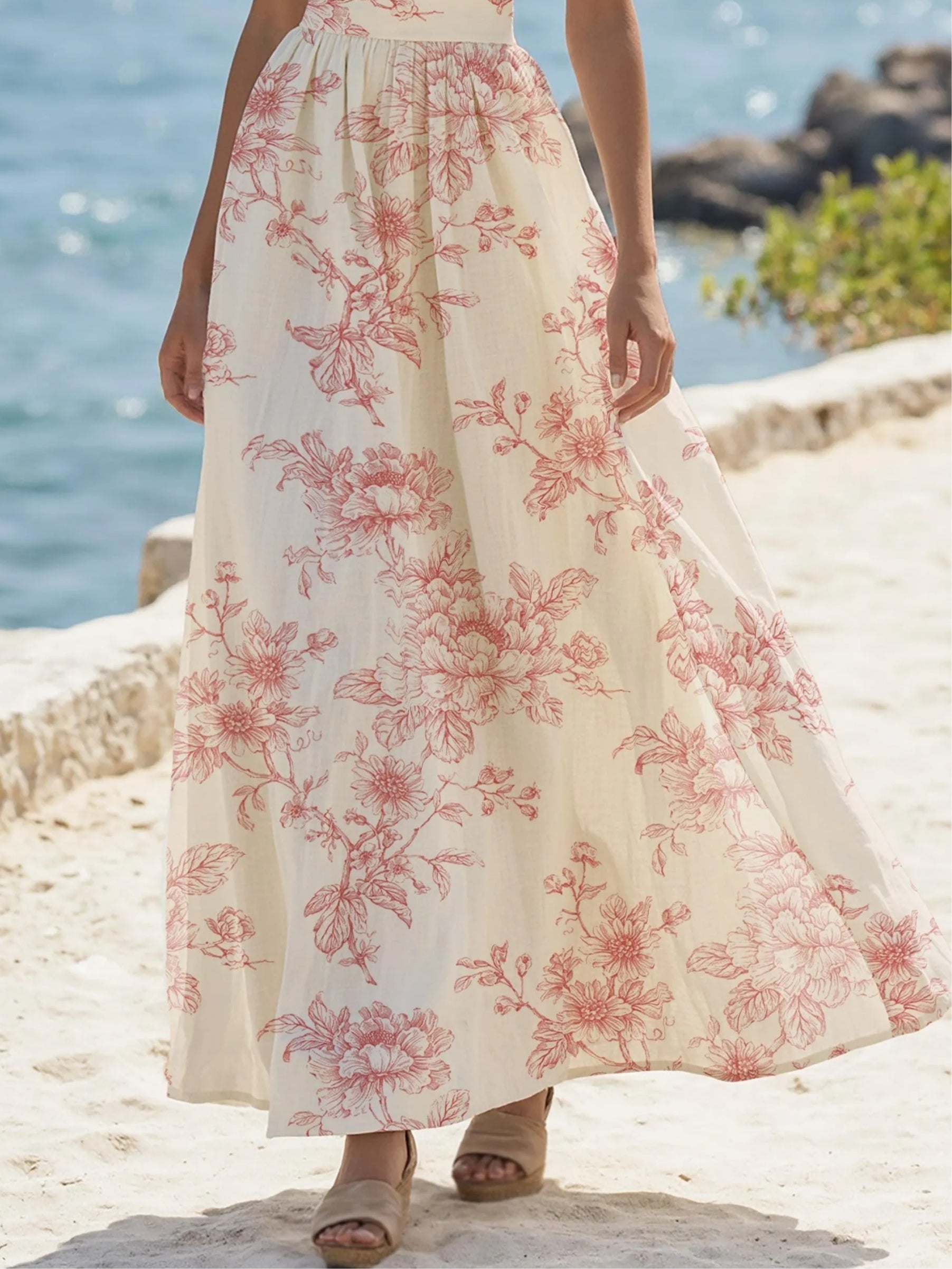 Resort-style lace patchwork floral dress