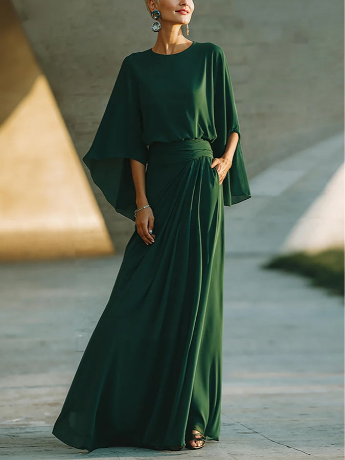 Dark Green Round Neck Chiffon Batwing-sleeve Maxi Dress