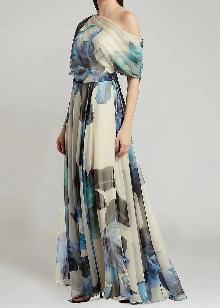 Asymmetrical Print Chiffon Long Dresses