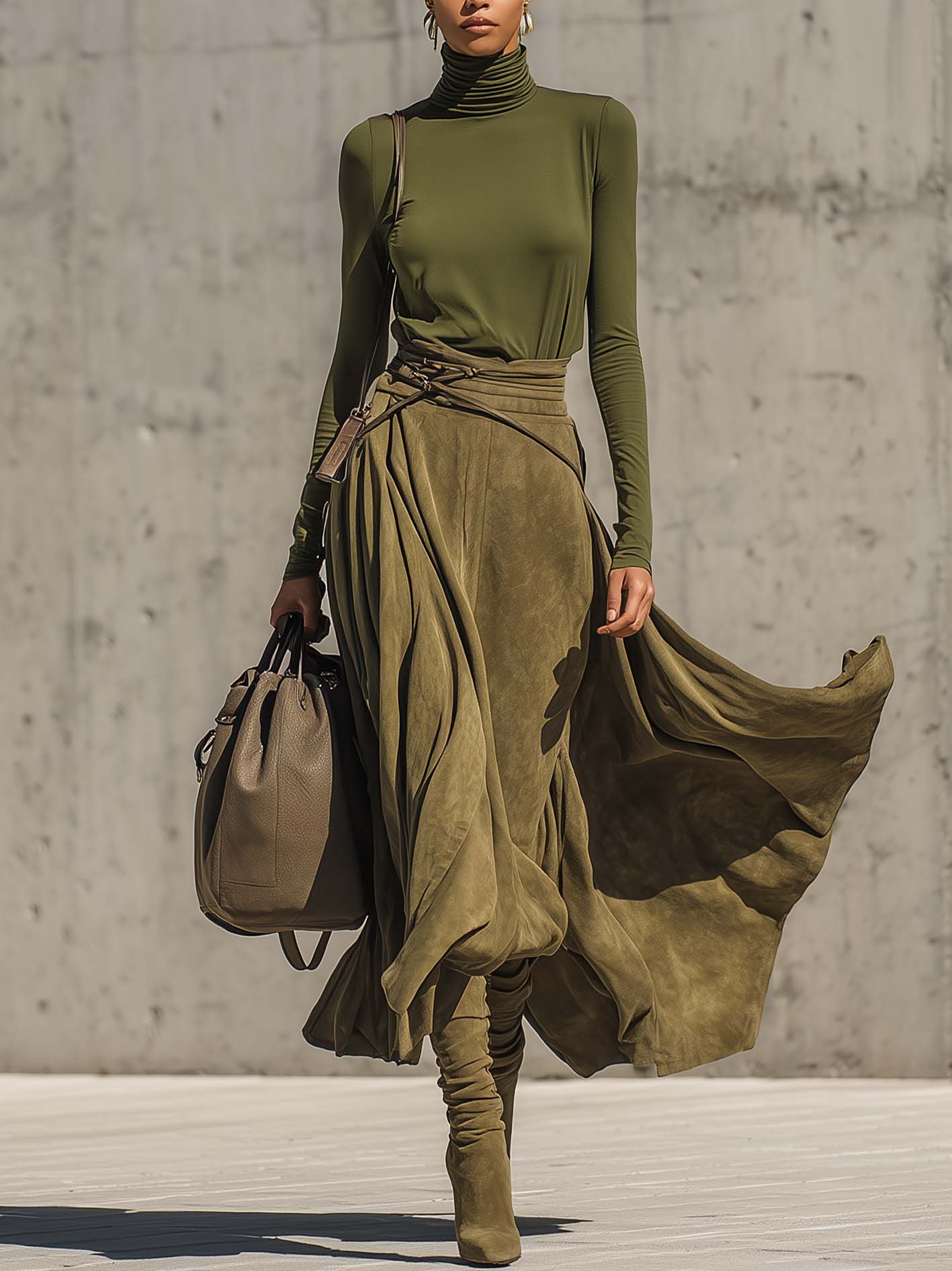 Olive Green Stretch Turtleneck Top And Faux Suede Maxi Skirt Set（Includes belt）