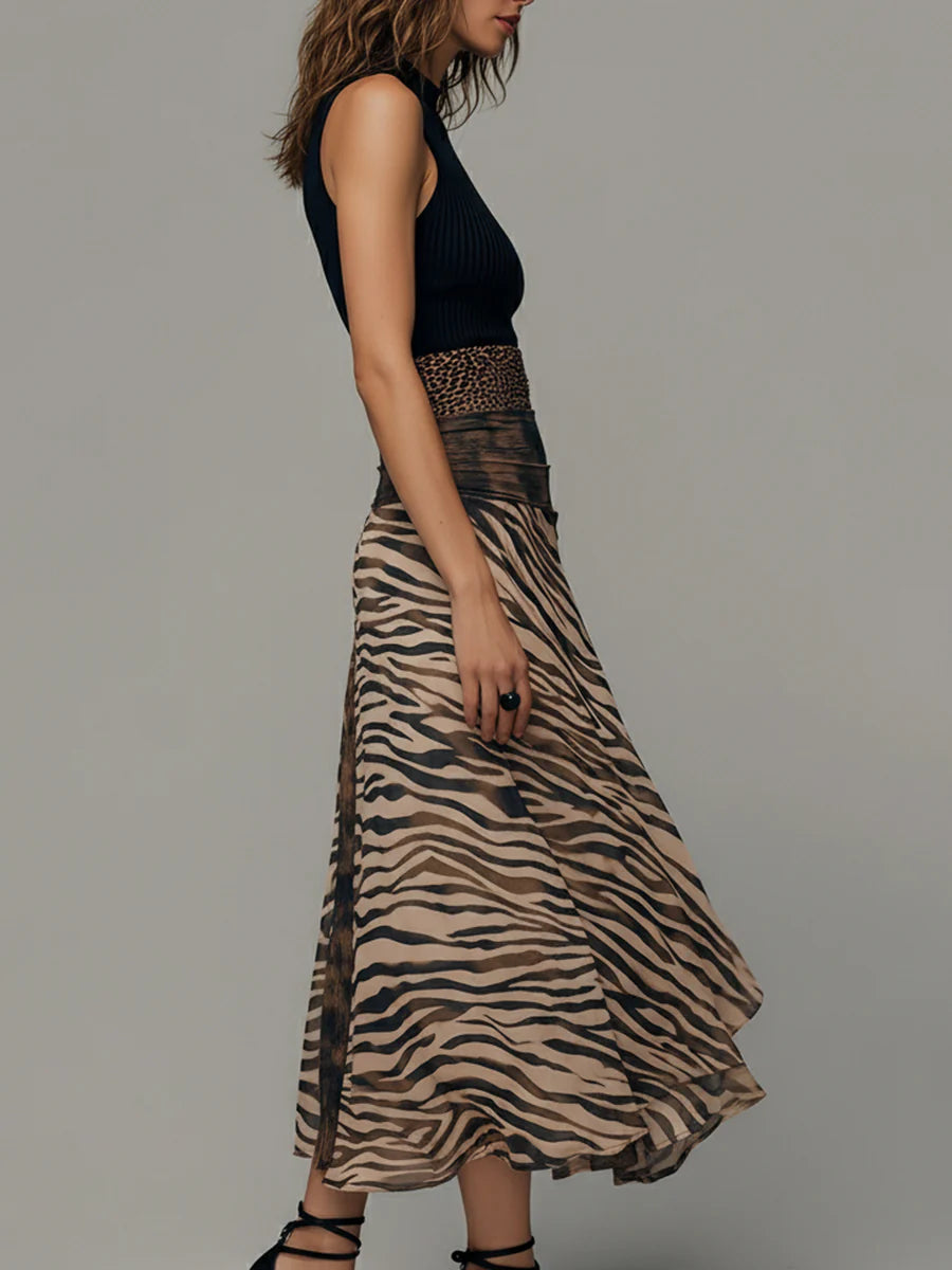 Vintage Zebra Print Patchwork Sleeveless Midi Dress