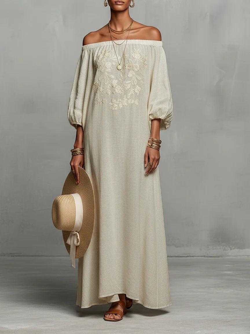 Minimalist Off-the-shoulder Three-quarter Sleeve Embroidered Maxi Dress